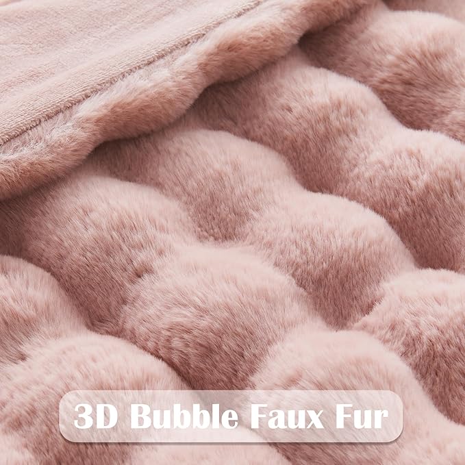 NEWCOSPLAY Faux Fur Twin Blanket Pink Luxury Fluffy Thick Warm Bubble Blanket for Couch Sofa Bed 1000GSM (Pink Bubble Thick, Twin(60"x80"))