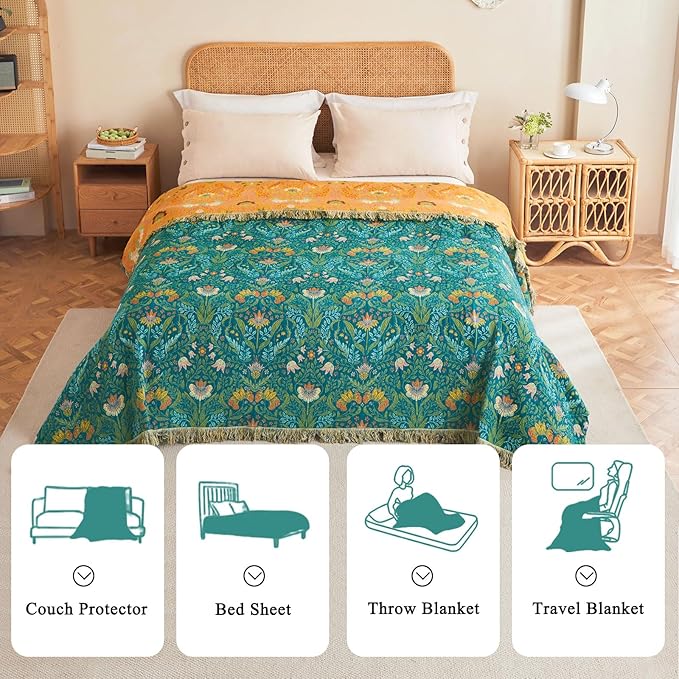 Boho Throw Blanket - 100% Cotton Soft Throw Blanket for Bed, 60"x80" Reversible Breathable Lightweight Spring Blankets, All Seasons Farmhouse Decor Floral Throw Quilt