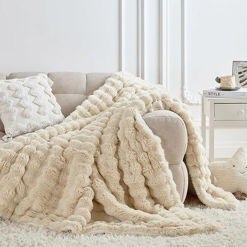 50x60 Inches Ultra-Soft Fuzzy Faux Fur Plush Throw Blanket - Thick, Warm Sherpa for Couch, Sofa, Bedroom, Camping - Decorative Blanket for Cozy Warmth, Bubble Khaki