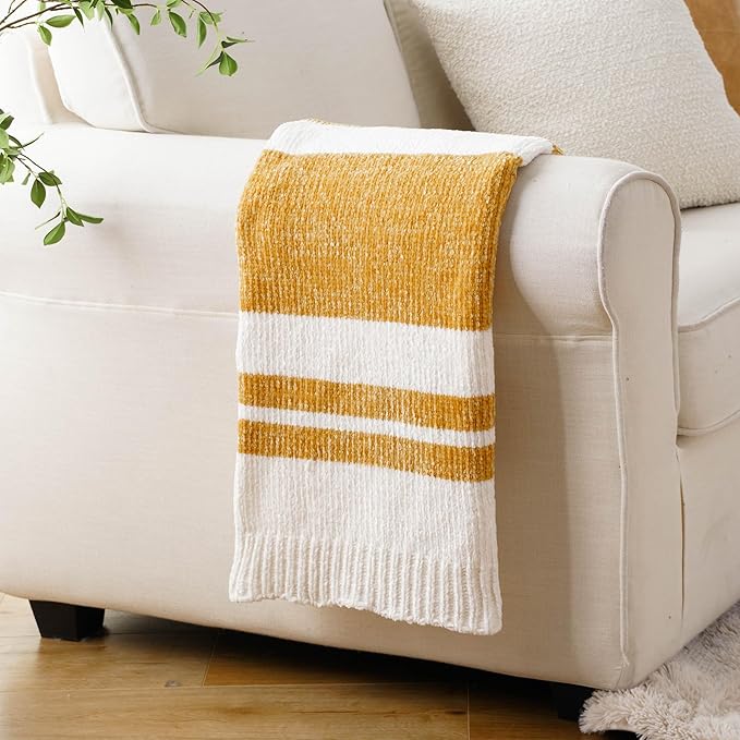 BATTILO HOME Mustard Yellow Throw Blanket for Couch, Soft Chenille Throw Blanket Knit Throw Blankets for Bed, Sofa,Chair, Farmhouse Throw Blankets, Fall Throw Blanket,51"x67"