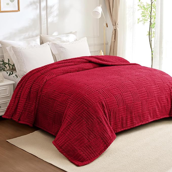 Whale Flotilla Lightweight Fleece Queen Size Blanket for Bed, Fuzzy Soft Blankets with Decorative Jacquard Pattern for All Season, Warm and Fluffy, 90x90 Inch, Red