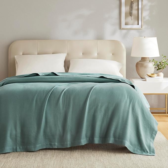 Madison Park 100% Egyptian Cotton Lightweight Summer Blanket, Breathable Waffle Knit Design, Soft Cozy All-Season Throw for Bed, Couch or Sofa, Teal King Size (108"x90")