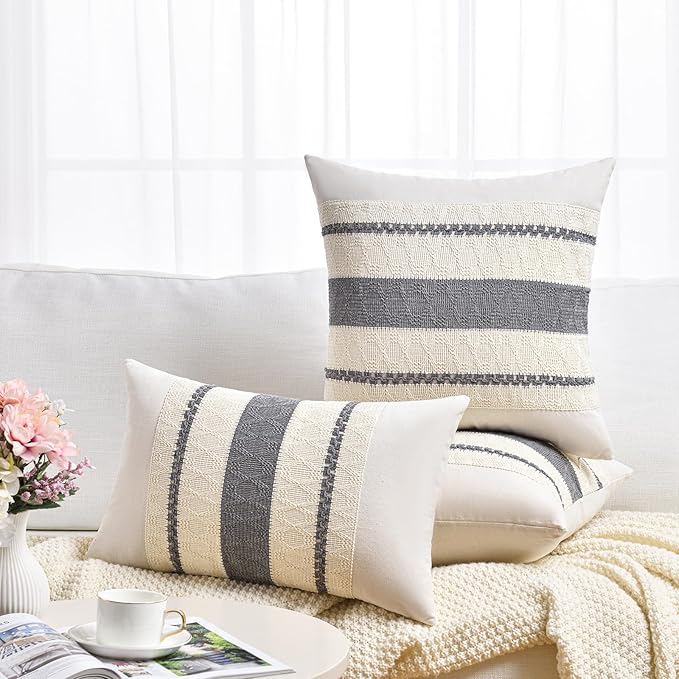 Fancy Homi Set of 2 Neutral Grey Farmhouse Long Lumbar Decorative Throw Pillow Covers 16x24 Inch for Couch Bed Chair, Vintage Country Rustic Retro Room Decor, Soft Thick Cotton Rectangle Cushion Case