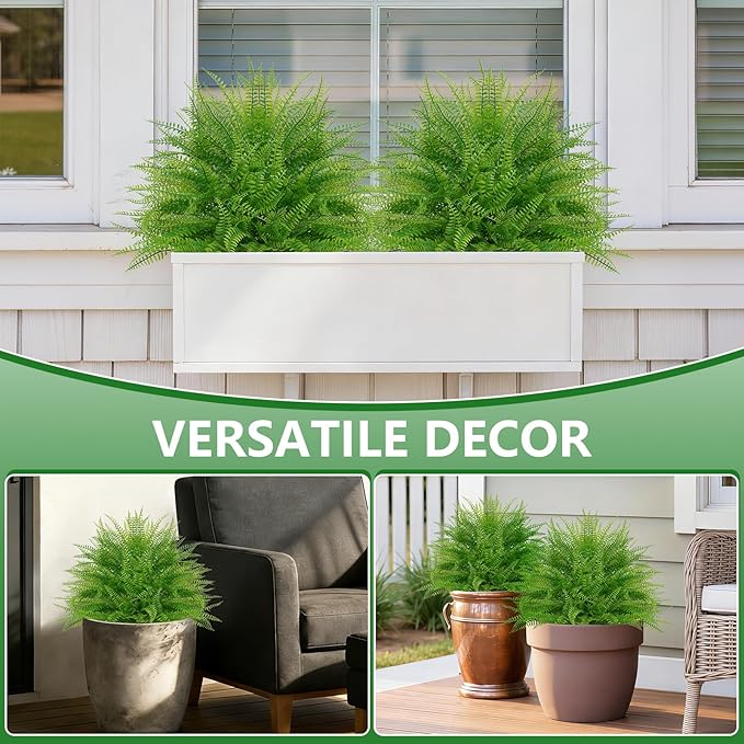 Artificial Fern Topiary Ball with Ground Spike, Set of 2 Faux Boston Fern Plants Shrub, Fake UV Resistant Evergreen Bushes for Porch Garden Indoor Outdoor Decor