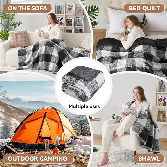LURKA Checkered Sherpa Fleece Throw Blanket – Soft and Cozy, Medium Weight for All Season, Oversized Plush Throw for Couch, Bed & Pets, Smoke Grey, 90x90 Inches