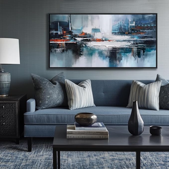 Abstract Wall Art for Living Room - Modern Blue Wall Decor, Large Canvas Artwork, Framed Wall Art Bedroom Pictures, Navy Decor for Above Bed, Contemporary Home Decor 20×40IN