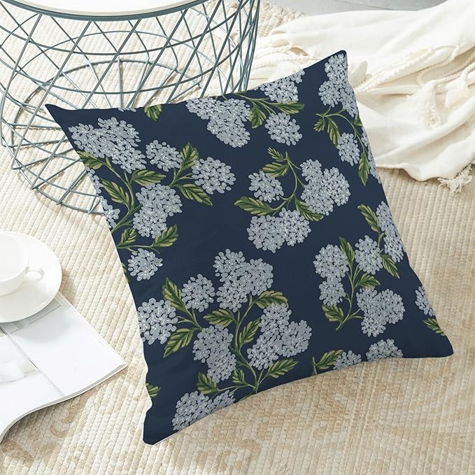 AEIOAE Spring Pillow Covers 18x18 Inch Set of 2, Navy Blue Green Hydrangea Flower Throw Pillows Case,Floral Summer Outdoor Seasonal Decorative Farmhouse Decor Cushion Covers for Home Sofa Bed Couch