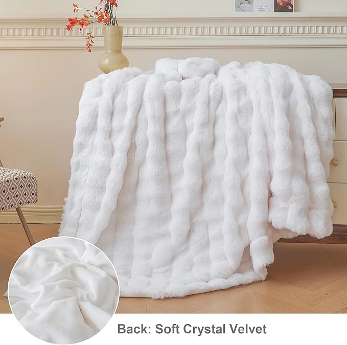 LIFEREVO Luxury Fluffy Faux Rabbit Fur Throw, Plush Fuzzy Bubble Blanket for Couch Sofa, Soft Cute Furry Bed Blanket Home Decoration, Shaggy Lap Throw for Bedroom Living Room Office, 50x60, White