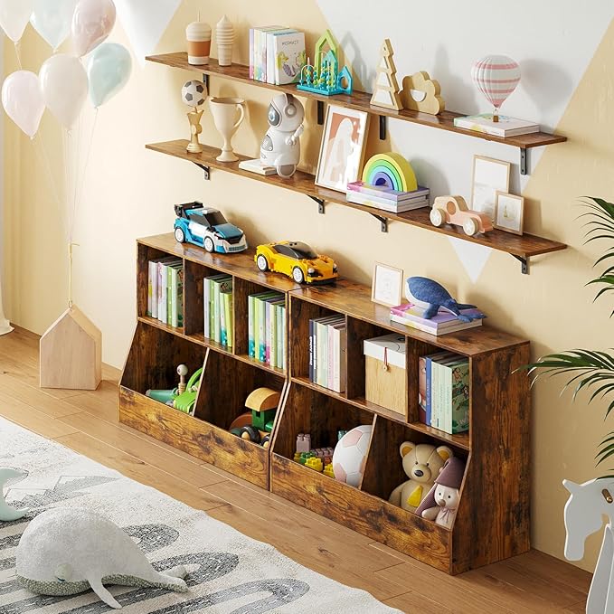 DINZI LVJ Long Wall Shelves, Set of 4, 47.3Inch Wall Mounted Shelves, Extra Large Storage Ledges with Sturdy Metal Brackets for Living Room, Bathroom, Bedroom, Kitchen, Rustic Brown