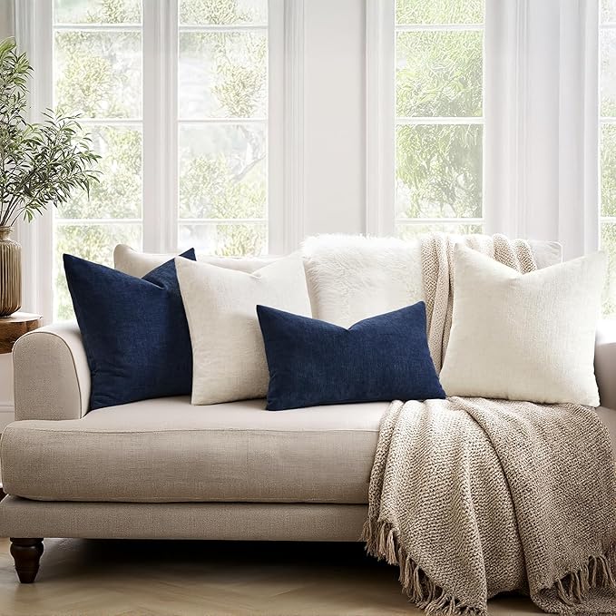 MIULEE Navy Couch Pillow Covers 12x20 Inch, Set of 2 Soft Chenille Decorative Lumbar Throw Pillow Covers Farmhouse for Sofa Living Room Bed