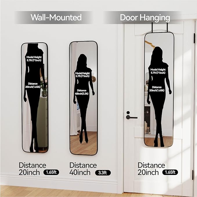 47x14 Mirror Full Body Length Door Hanging/Rope Hang/Wall Mounted Metal Frame Rectangle Mirrors for Bedroom Bathroom Dressing Living Room 47 inch Black