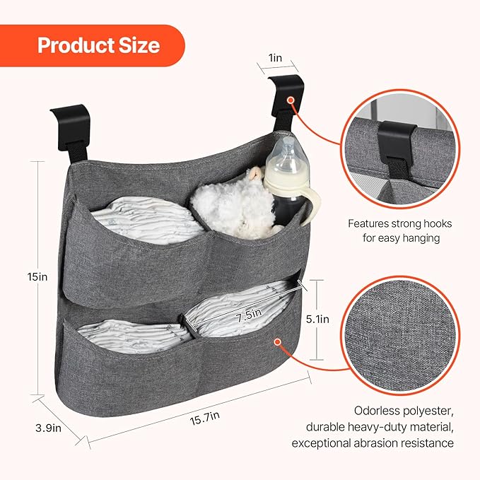 Hanging Diaper Caddy for Crib, Diaper Organizer for Changing Table, Bassinet, Stroller, Playpen accessories – Large Capacity Baby Diaper Caddy Organizer with 4 Deep Pockets