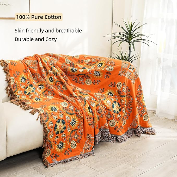 100% Cotton Throw Blanket, Muslin Breathable Soft Bed Quilt Orange Throw - Bohemian Floral Farmhouse Decor Blanket for Sofa Couch Chair and Gift. 50" x 60"