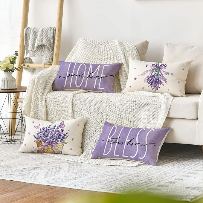 AVOIN colorlife Lavender Bless This Home Spring Throw Pillow Covers, 12 x 20 Inch Purple Cushion Case for Sofa Couch Set of 4