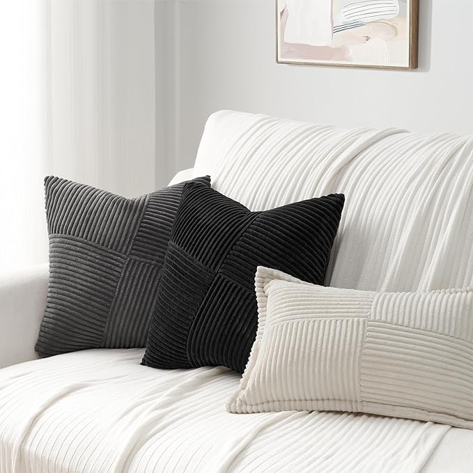 Topfinel Black Set of 2 Decorative Throw Pillow Covers 18x18 Inch for Couch Sofa Bed Pillowcases, Farmhouse Boho Rustic Home Decor,Soft Corduroy Windmill Textured Striped Patchwork Cushion Cases