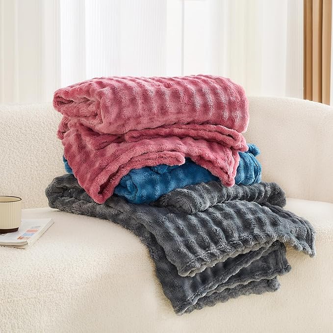 3D Bubble Plush Blanket Textured Fleece Throw Soft Warm Cozy Blanket Couch Bed Throw Blue 50x60 Inches