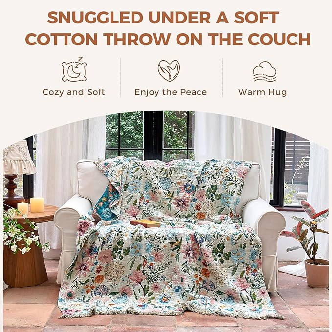 Boho Throw Blanket for Bed Cotton Spring Blankets for Bedroom Living Room Twin All Season Lightweight Floral Embroidery Quilt for Couch Sofa Chair 60"x80"