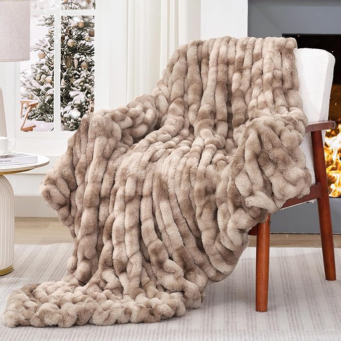 Touchat Ruched Faux Rabbit Fur Throw Blanket, 700 GSM Luxury Dual-Sided Soft Cozy Blanket, Fuzzy Fluffy Plush Blanket for Bed, Couch and Sofa - 50"x60", Tie-dye Brown