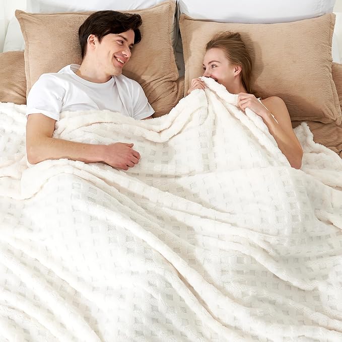 Cozy Bliss Ultrasoft Waffle Throw Blanket, Fluffy Cute Plush Blanket for Couch, Bed, Modern Home Accent, Portable for Picnic or Outdoor, Ivory, 108"x90"