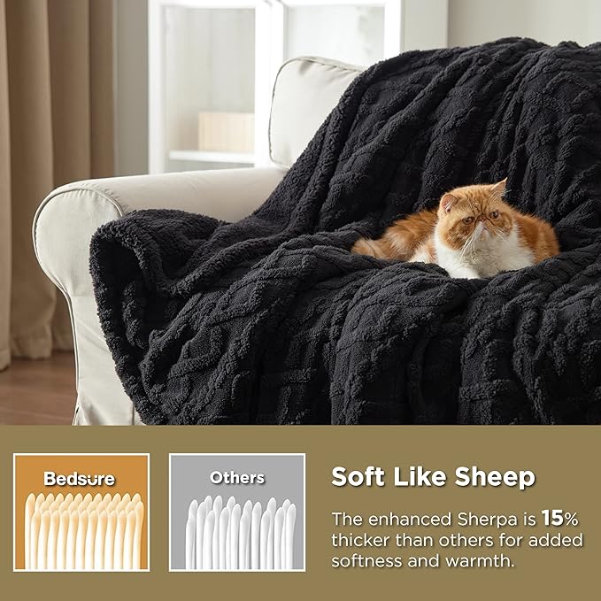 Bedsure Gentlesoft Sherpa Fleece Blanket Twin Size for Bed - Fluffy & Cozy Cable Jacquard Tufted for Women Gift, Thick and Warm Christmas Blanket for Winter, Black, 60x80 Inches