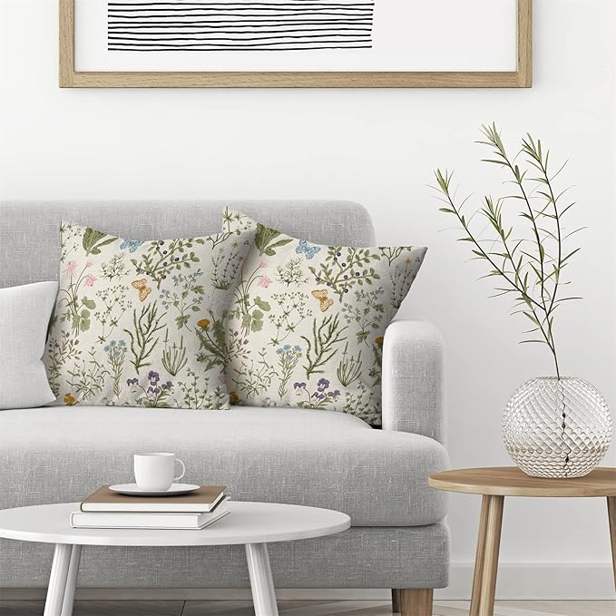AEIOAE Spring Pillow Covers 22x22 Inch Set of 2,Sage Green Wild Flower Plant Throw Pillows Case,Seasonal Floral Outdoor Decorative Square Linen Farmhouse Decor Cushion Covers for Home Sofa Bed Couch