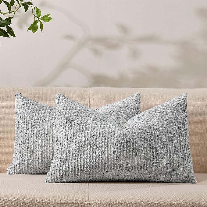 Allorry Decorative Couch Throw Pillow Covers 12x20 Set of 2 Blue Striped Soft Wool Pillow Covers Neutral Textured Boho Cushion Covers for Modern Farmhouse Sofa Bedroom Living Room Decor SY012-C12