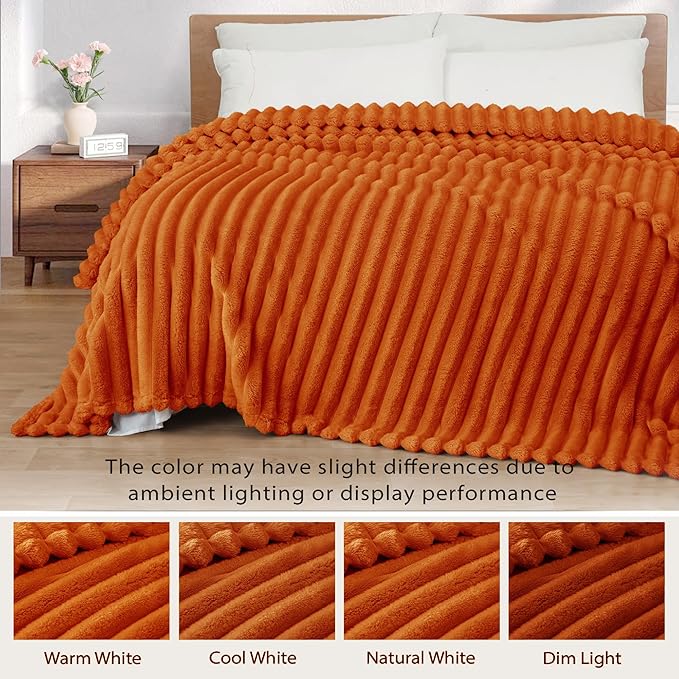 Exclusivo Mezcla Twin Size Flannel Fleece Blanket, Super Soft Striped Jacquard Bed Blanket, Lightweight Fuzzy Cozy for All Seasons, 60x80 Inches, Burnt Orange
