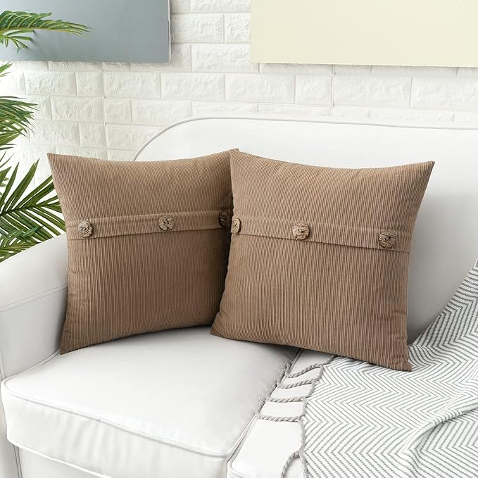 HWY 50 Taupe Chenille Throw Pillow Covers 16x16 Inch with Triple Buttons, Soft Farmhouse Accent Decorative Cushion Cases for Couch Sofa Bed Living Room Pack of 2