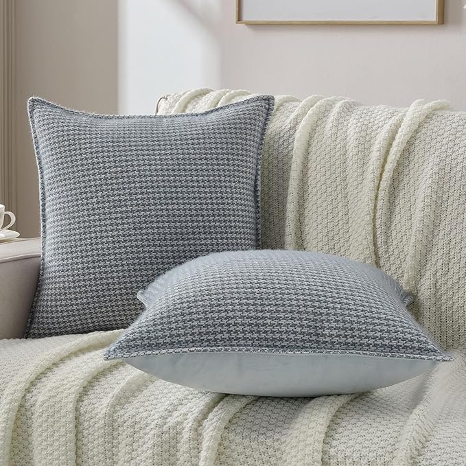 FUTEI Grey Blue Decorative Throw Pillow Covers 24x24 Inch Set of 2,Soft Houndstooth Gingham Textured European Cushion Case,Modern Home Decor for Couch Bed Living Room