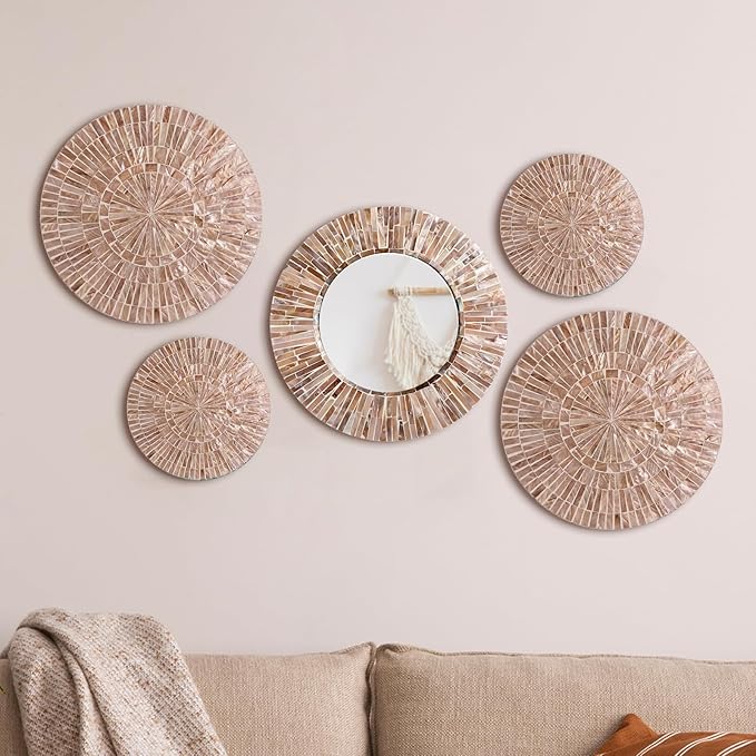 Wesiti 5 Pcs Christmas Wall Art Decor Boho Mother of Pearl Mirror Wall Decor Handmade Bohemia Hanging Plates Art for Bedroom Bathroom Decoration