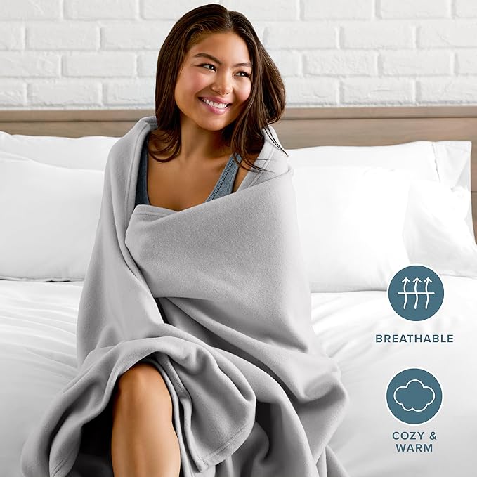 Bare Home Polar Fleece Blanket - Full/Queen - Light Grey - Warm & Cozy - Premium Fleece - Throw for Bed, Sofa, Camping, Travel and Cold Nights - Lightweight Blanket (Full/Queen, Light Grey)