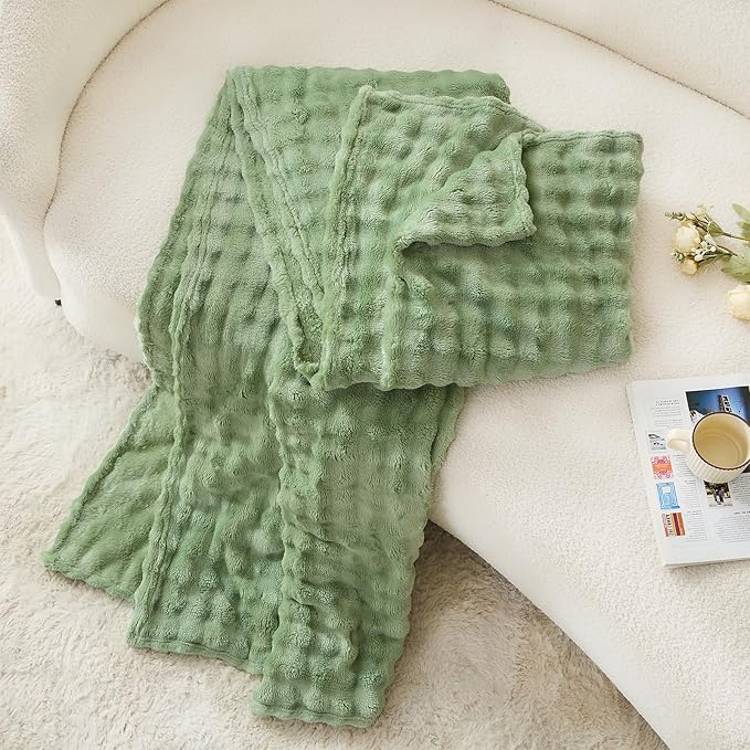 3D Bubble Plush Blanket Textured Fleece Throw Soft Warm Cozy Blanket Couch Bed Twin Green 60x80 Inches