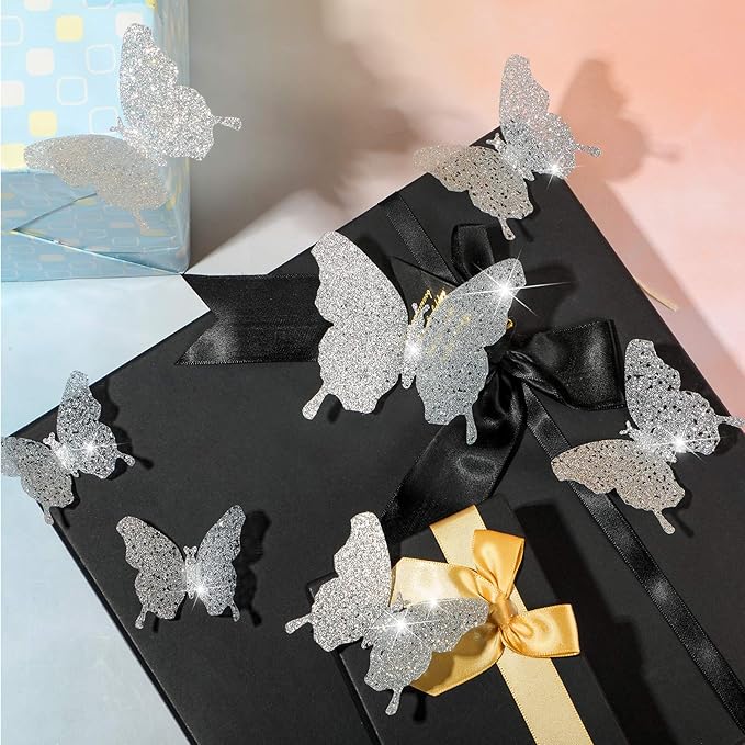 BBTO 48 Pieces Butterfly Wall Decor DIY 3D Mirror Butterfly Stickers Removable Decals Crafts for Birthday Party Bedroom School Bathroom Living Room Decor(Glitter Silver)