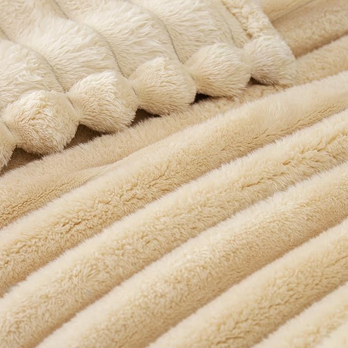 Exclusivo Mezcla King Size Flannel Fleece Blanket, Super Soft Striped Jacquard Bed Blanket, Lightweight Fuzzy Cozy for All Seasons, 90x104 Inches, Beige