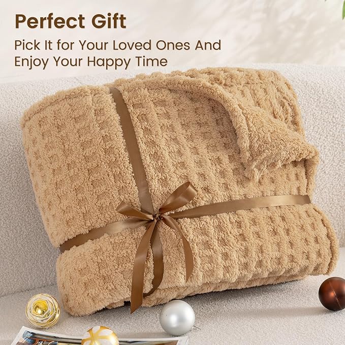 David's Home Ultra Soft Fleece Blanket Queen Size for Bed, Plush Shaggy Fluffy 3D Jacquard Waffle Throw for Couch, Warm Lightweight for Fall Winter,Fuzzy Aesthetic Room Decor,90x90 inches,Latte