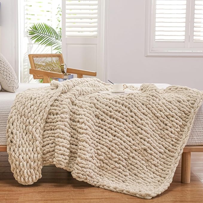 WESHIONGOO Chunky Knit Blanket Throw Knitted Throw Blankets for Couch Bed Fluffy Soft Blanket with Jumbo Chenille Yarn Thick 100% Handmade (Linen, 51"×63")