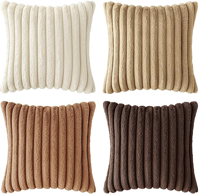 MIULEE Faux Fur Plush Decorative Throw Pillow Covers 18x18 Set of 4, Boho Farmhouse Soft Fuzzy Striped Cushion Covers for Sofa Couch Bed Living Room Vintage Rustic Home Decor,Brown