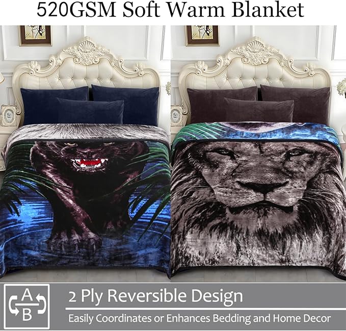 JYK Soft Fleece Bed Blanket Queen Size 5 LB, Korean Style 2 Ply Reversible Fluffy Flannel Blanket Microfiber, Warm Cozy Blanket for Autumn, Winter 75x87 Inches - Black Panther/Lion