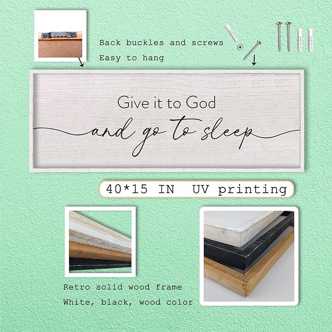 LuZhiQiang Catholic Wall Decor 40"×15" Give It To God And Go To Sleep Sign for Master Bedroom Above Over Bed Religious Faith Home Art Rustic Large Wood Framed Hanging (White)