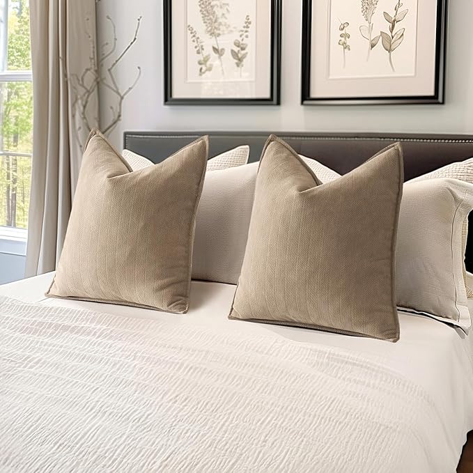 MIULEE Pack of 2 Khaki Decorative Pillow Covers 18x18 Inch Soft Chenille Luxurious Couch Throw Pillows Farmhouse Cushion Covers with Elegant Design for Sofa Bedroom Living Room Home Decor