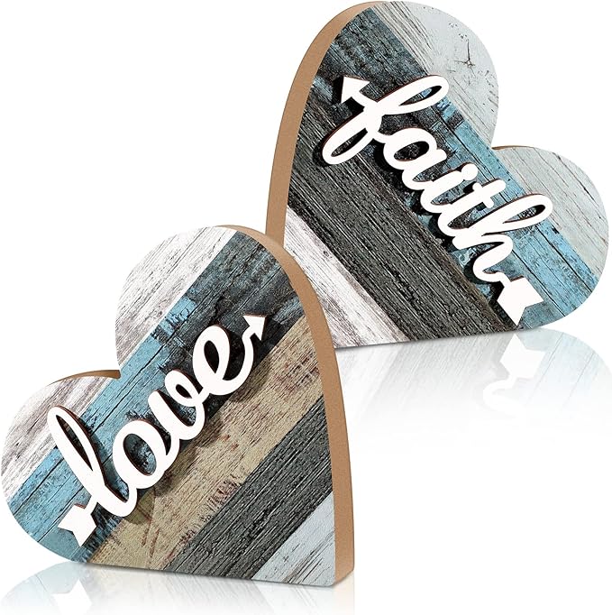 Jetec 2 Pcs Rustic Wooden Heart Table Decor, Daisy Farmhouse Home Decor, Bless This Home & Be Kind Sign for Living Room, Dining Room, Shelf & Mantel, Ideal Housewarming & Birthday Gift(Love Style)