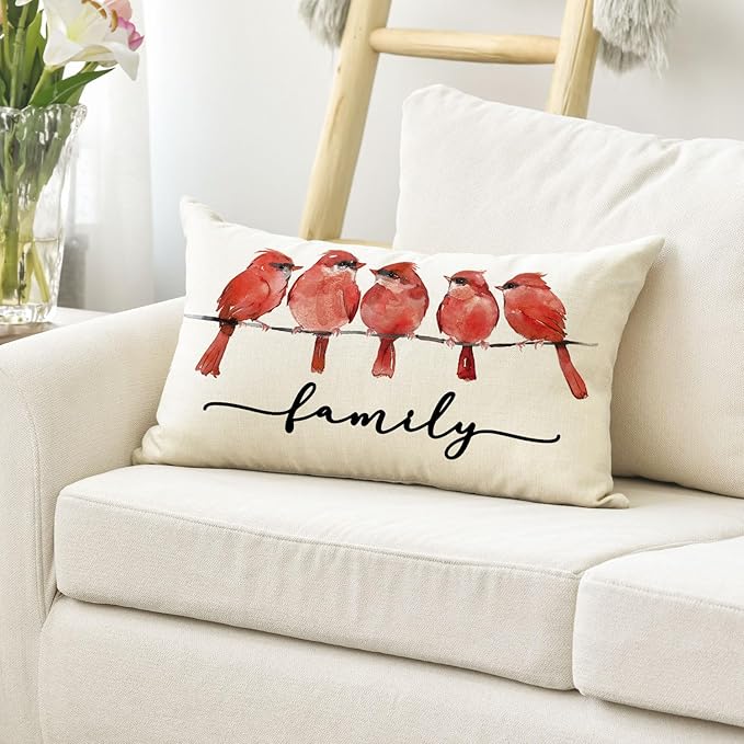 AVOIN colorlife Home Sweet Home Redbird Family Watercolor Throw Pillow Cover, 12 x 20 Inch Red Northern Cardinal Cushion Case Decoration for Sofa Couch