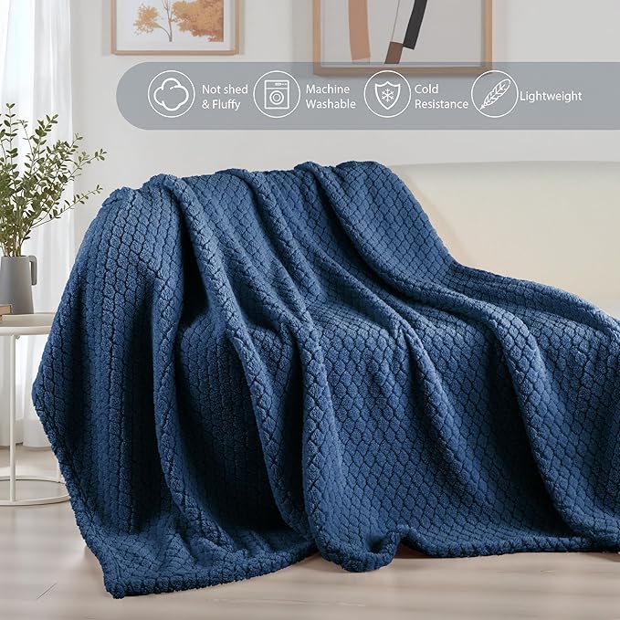 Exclusivo Mezcla Queen Size Fleece Blanket for Bed, Extra Soft Warm Decorative Fuzzy Blanket for Women, Lightweight Cozy Bedding Blankets, 90x90 Inches, Navy Blue