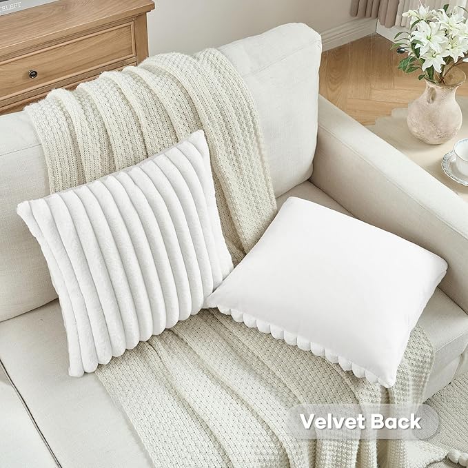 FUTEI White Decorative Throw Pillow Covers Set of 2, 26x26 Inch Soft Fluffy Faux Fur Plush Striped Euro Pillow Shams, Modern Home Decor for Couch Bed Living Room