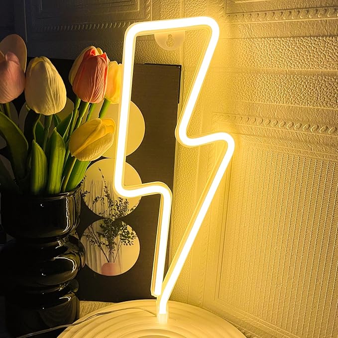 Neon Signs Lightning Bolt Neon Light Sign for Wall Decor, Battery or USB Powered Led Lightning Light Neon Sign for Bedroom, Kids Room, Birthday, Party, Wedding, Home,Kids Decorations Yellow