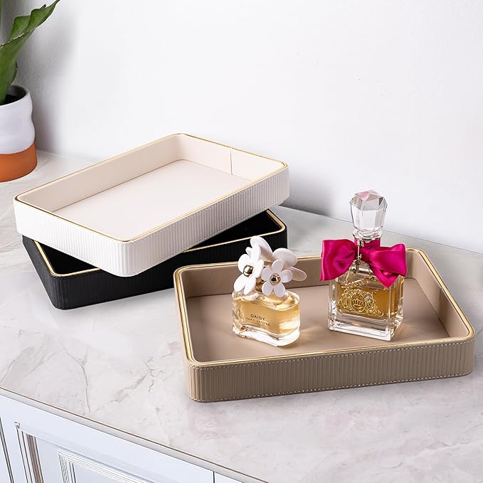 ZHEM Women Perfume Tray Valet Tray NightStand Bedside Organizer| Perfume Organizer Holder| Decorative Perfume Trays| Leather Vanity Tray Catchall Trinket Tray (Beige 8"x11"x1.75")
