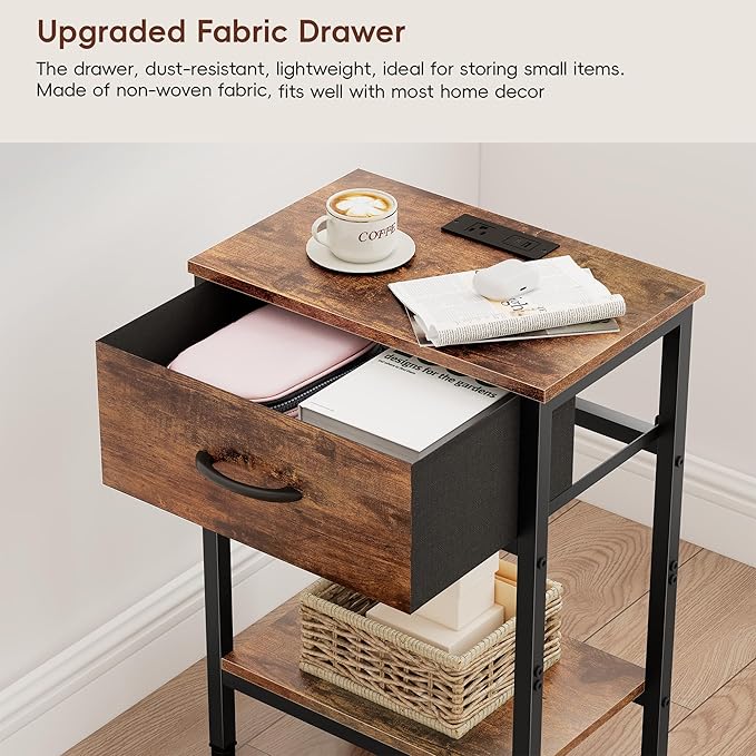 Vagusicc Nightstand Set of 2 with Charging Station, Bed Side Table with Fabric Drawer, Small End Table with 2-Tier Storage Shelves, 25.4" Tall Bedside Table, Night Stand for Bedroom Dorm, Rustic Brown