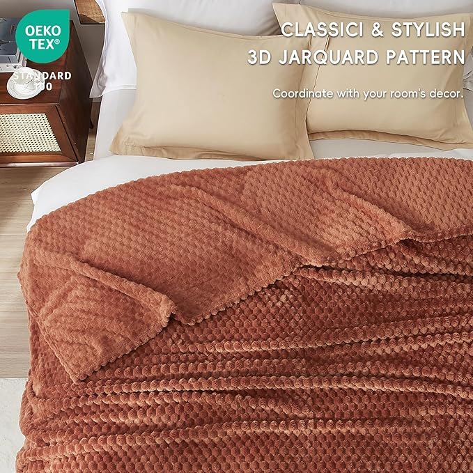 PHF Ultra Soft Flannel Fleece Blanket King Size, Lightweight 3D Jacquard Fleece Blanket, No Shedding, No Pilling, Luxury 340GSM Aesthetic Fluffy Cozy for Bed Room Decor, 108"x90", Terracotta