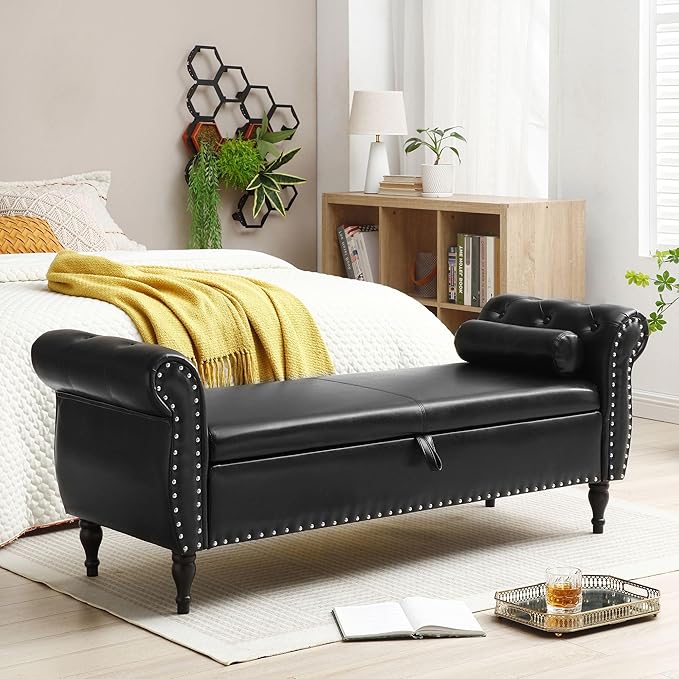 Aoowow Storage Bench for Bedroom End of Bed Rolled Armed PU Leather Ottoman Long Bench Seat Window Sitting Fireplace Toy Storage Bench, Black