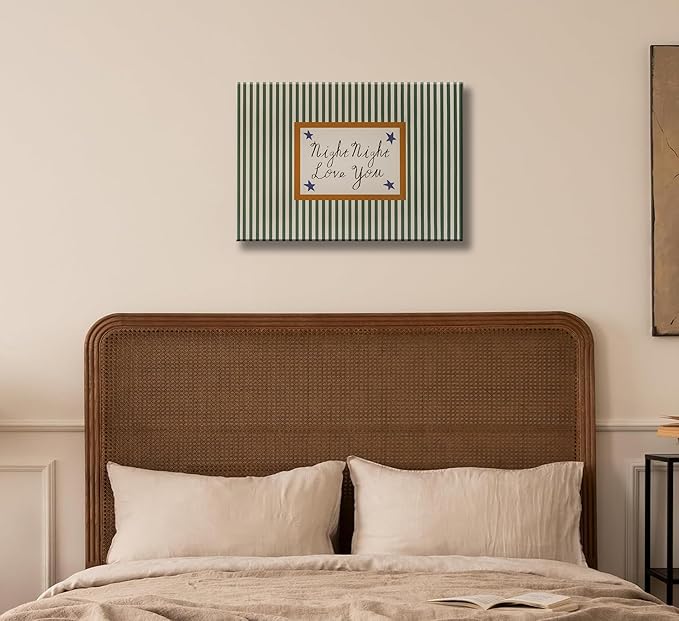 Goodnight Love You Canvas Wall Art Vintage Green Striped Above Bed Wall Decor Picture Mid Century Modern Minimalist Poster Painting Print Artwork for Baby Bedroom Dorm Room Decor, Framed